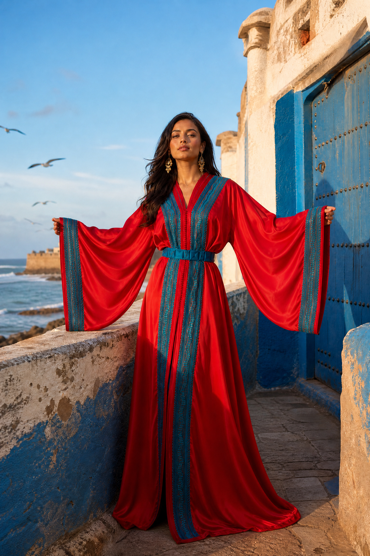 Scarlet Ocean Kaftan — Moroccan Satin with Teal Embroidery Trim