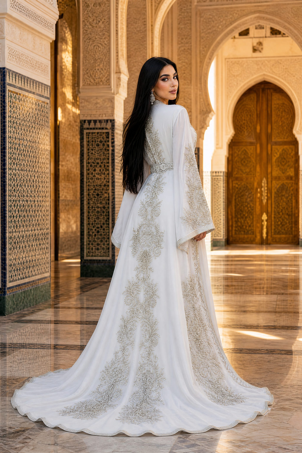Ivory Palace Kaftan — White Moroccan Bridal with Silver Gold Scroll Embroidery