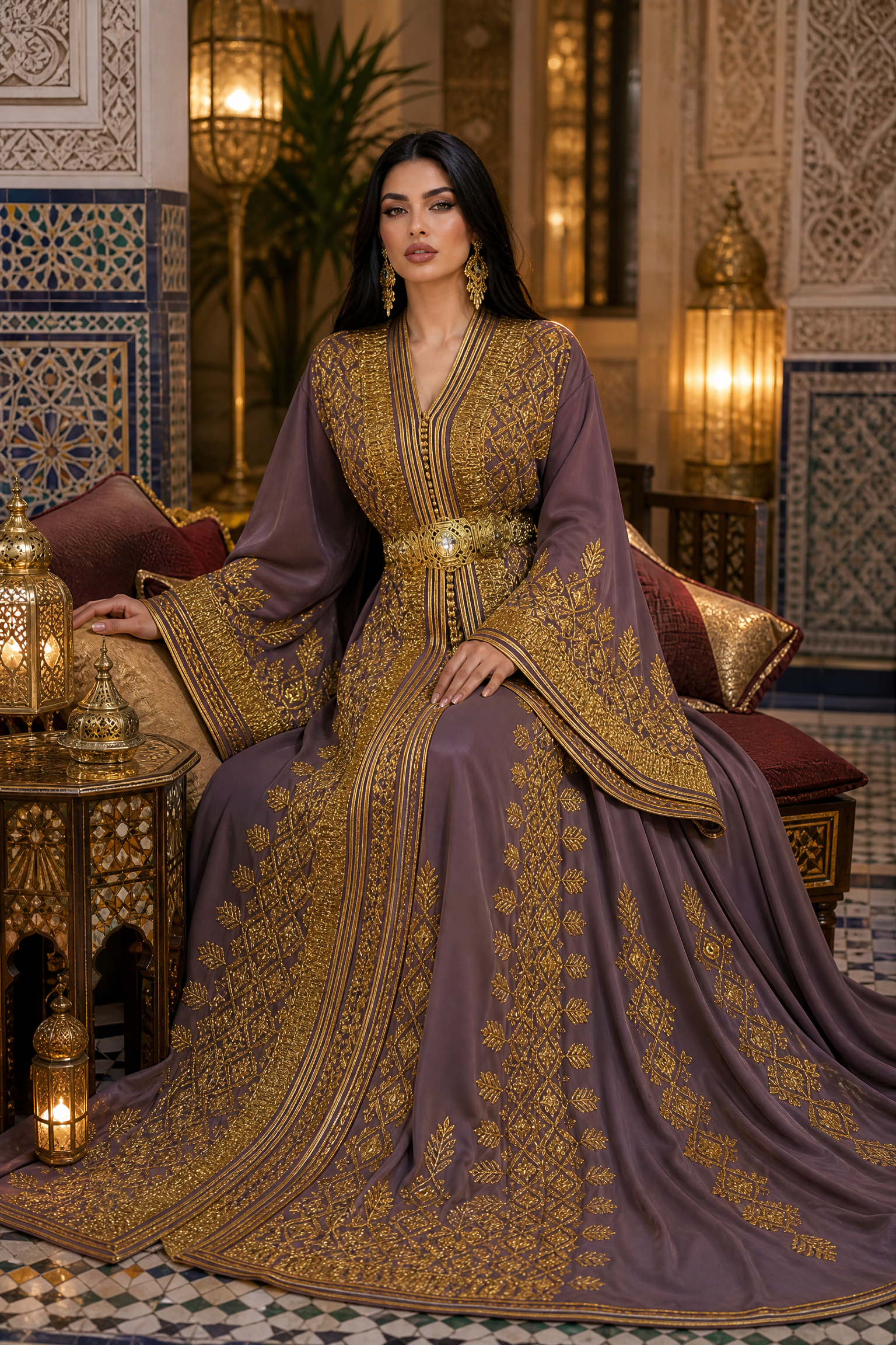 Mauve Royale Kaftan — Dusty Purple with Heavy Gold Arabesque Embroidery