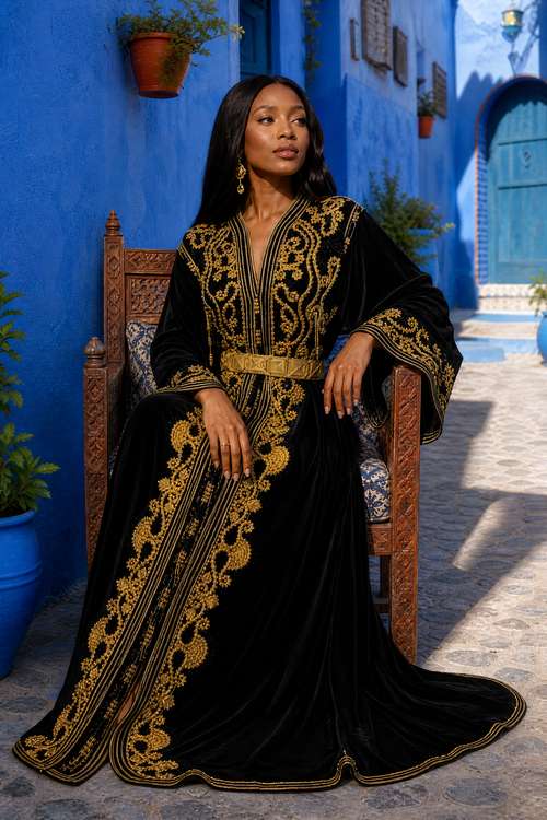 Black Velvet Paisley Kaftan — Handmade Moroccan Bridal Takchita