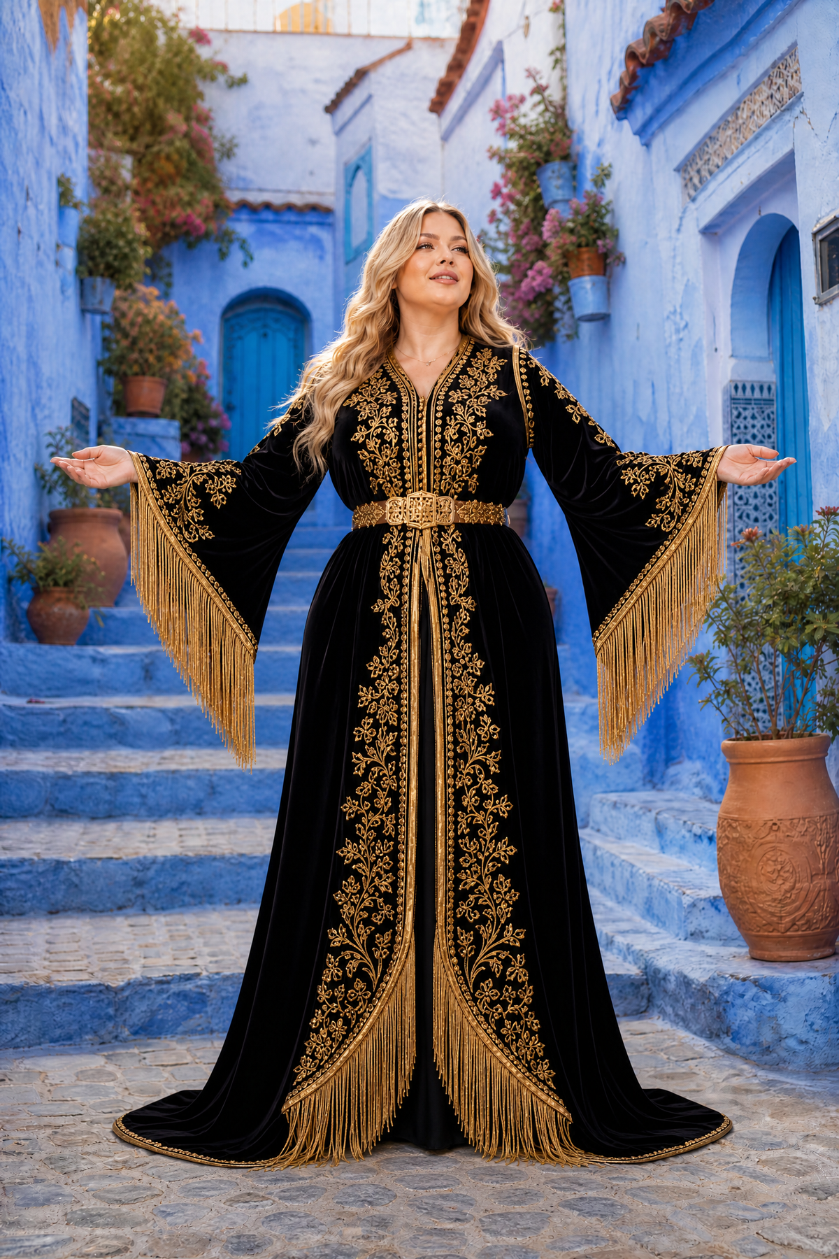 Midnight Black Fringe Kaftan — Moroccan Velvet with Gold Embroidery & Long Fringe