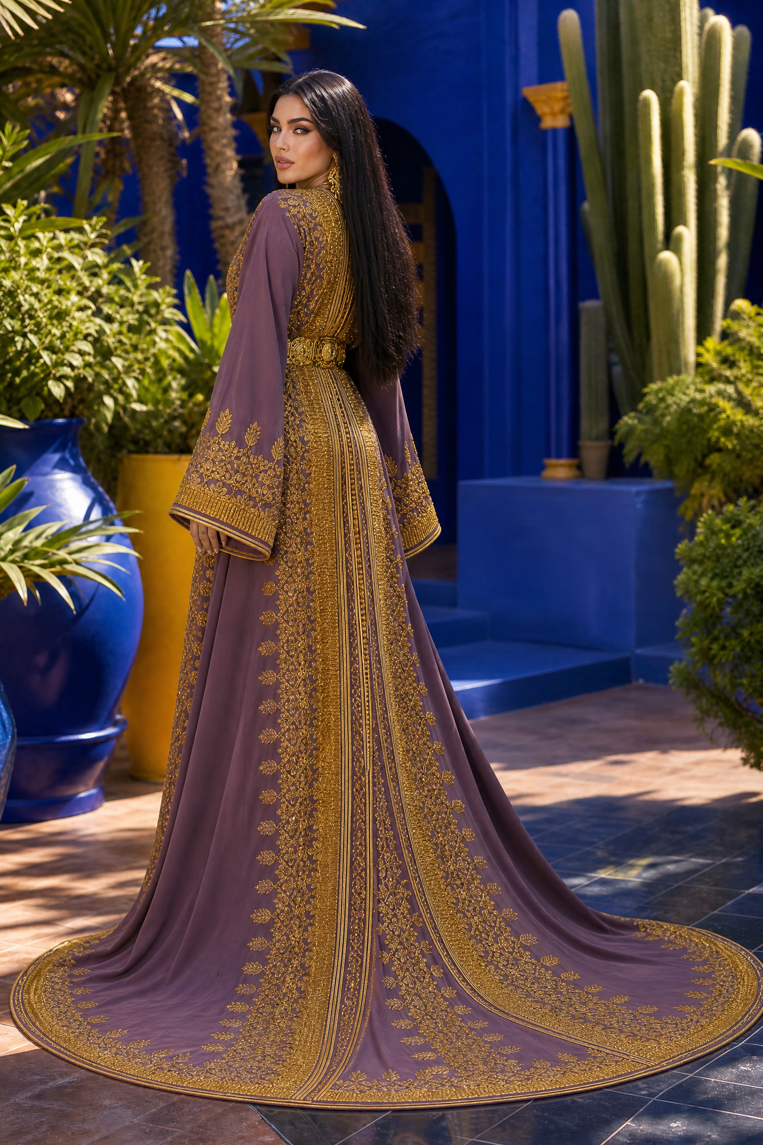Mauve Royale Kaftan — Dusty Purple with Heavy Gold Arabesque Embroidery