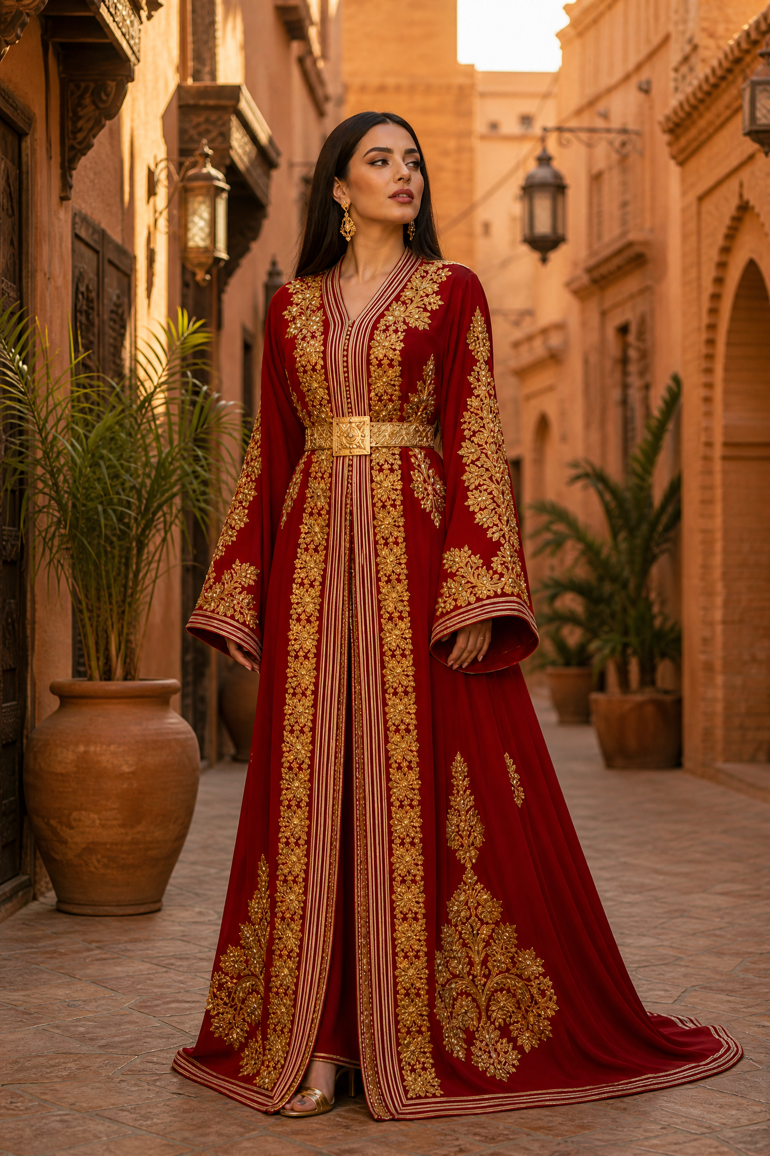 Crimson Stripe Kaftan — Moroccan Red with Gold Leaf Embroidery