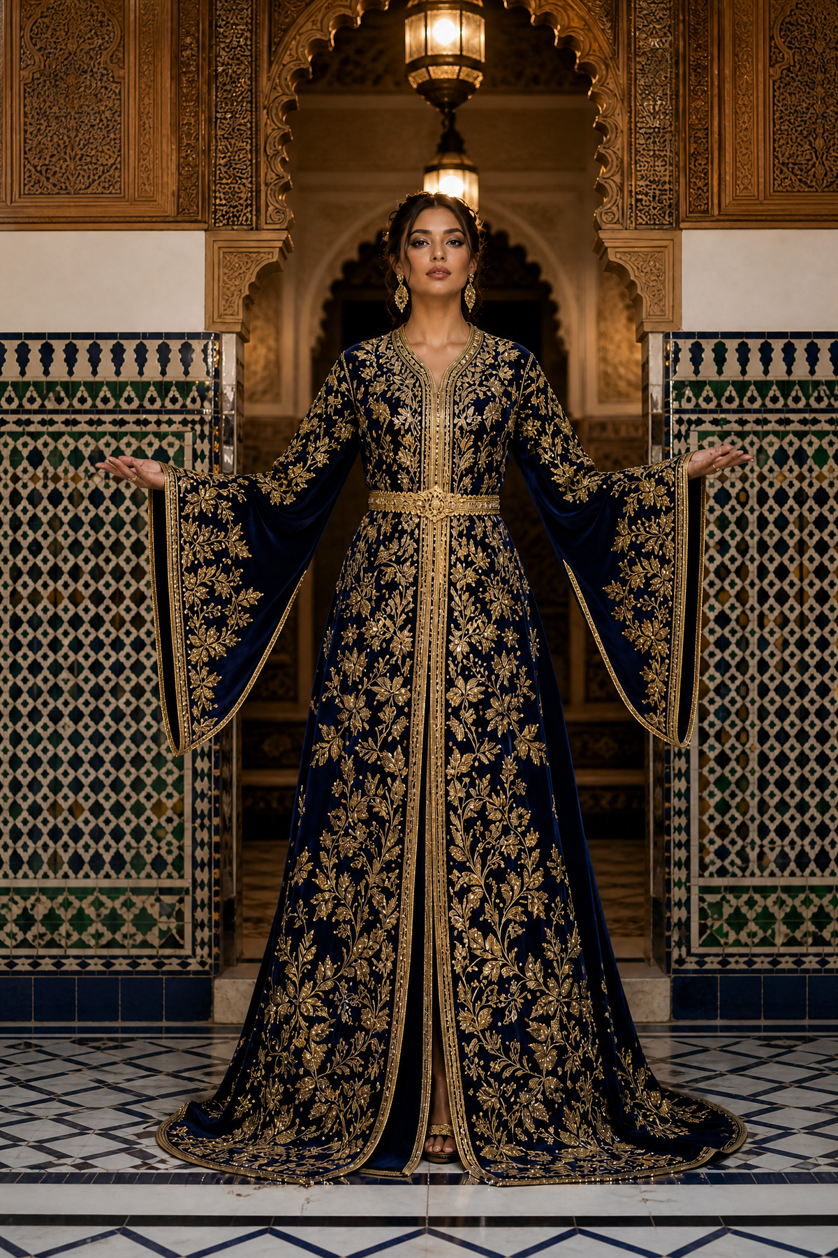 Midnight Bridal Kaftan — Moroccan Navy Velvet with Dense Gold Embroidery