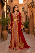 Crimson Stripe Kaftan — Moroccan Red with Gold Leaf Embroidery