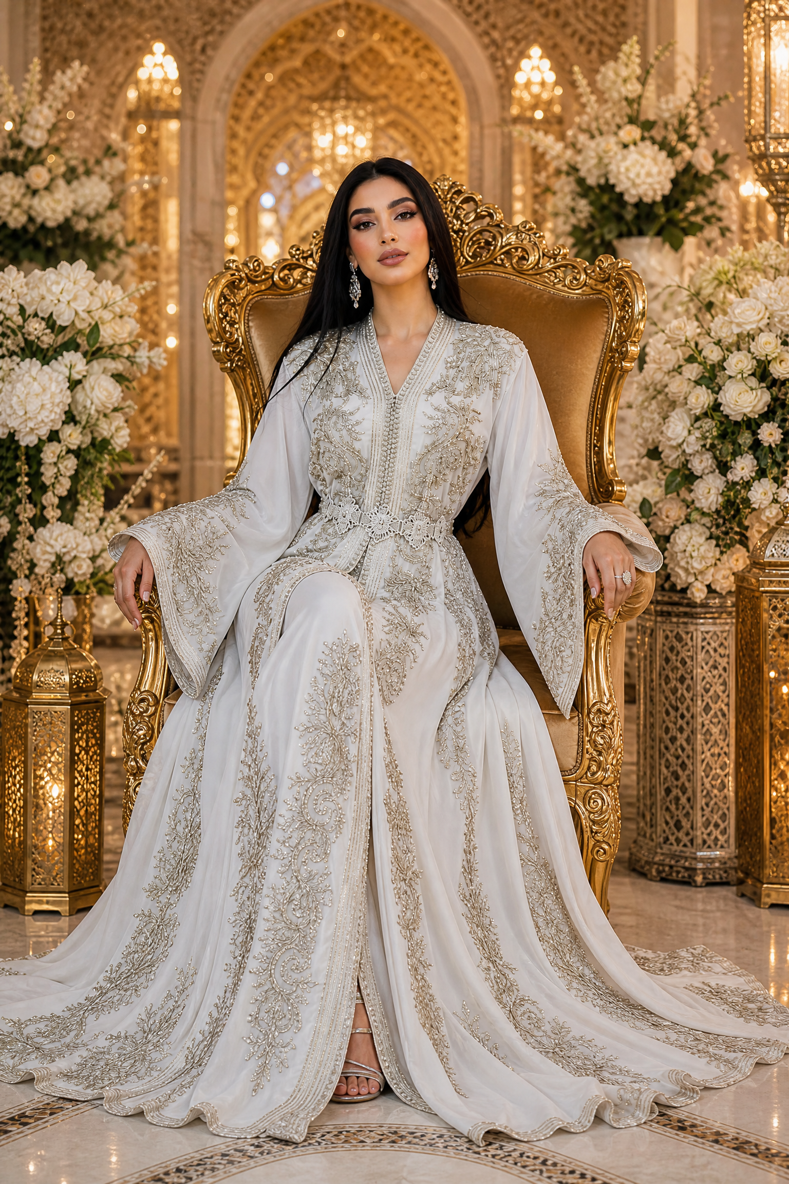 Ivory Palace Kaftan — White Moroccan Bridal with Silver Gold Scroll Embroidery