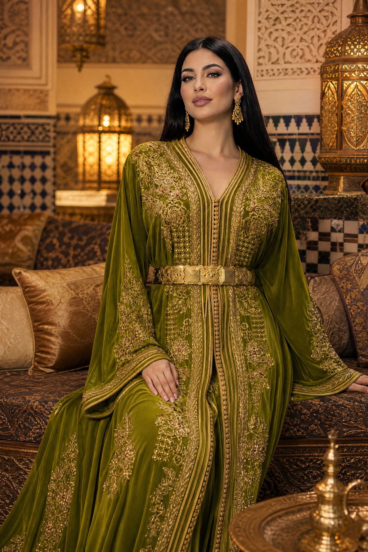 Olive Garden Kaftan — Moroccan Olive Green with Gold Floral & Bead Embroidery
