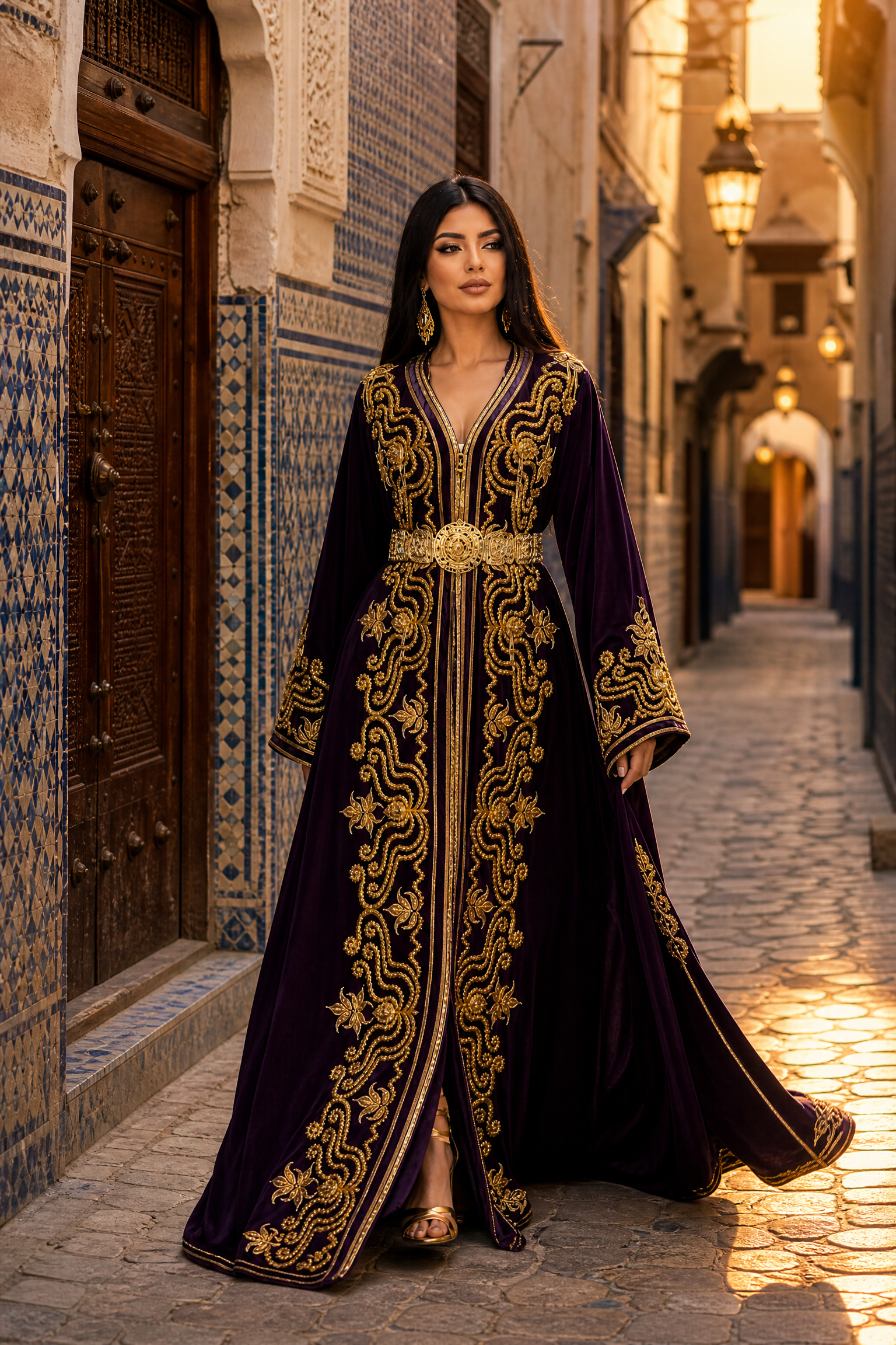Amethyst Swirl Kaftan — Deep Purple Velvet with Gold Arabesque Embroidery