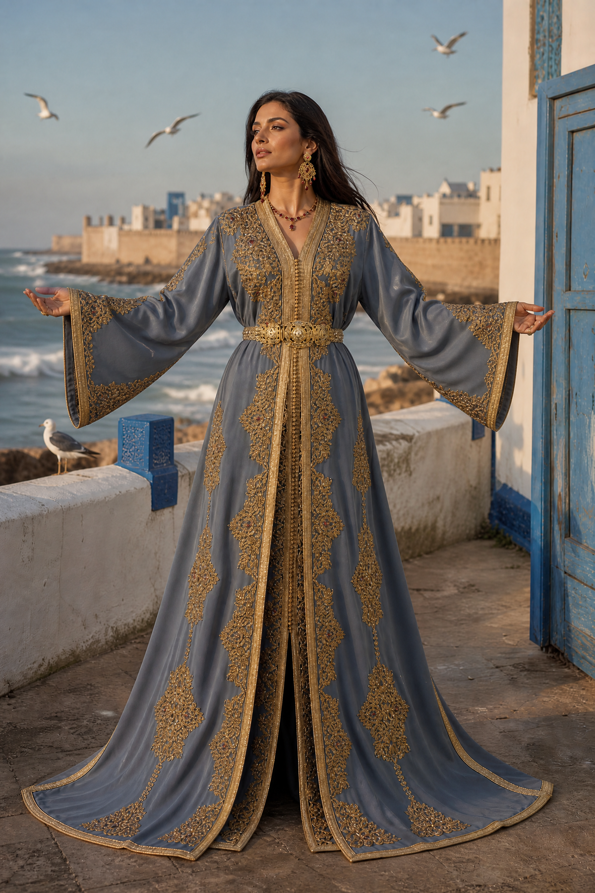 Slate Blue Royal Takchita — Handmade Moroccan Bridal Kaftan
